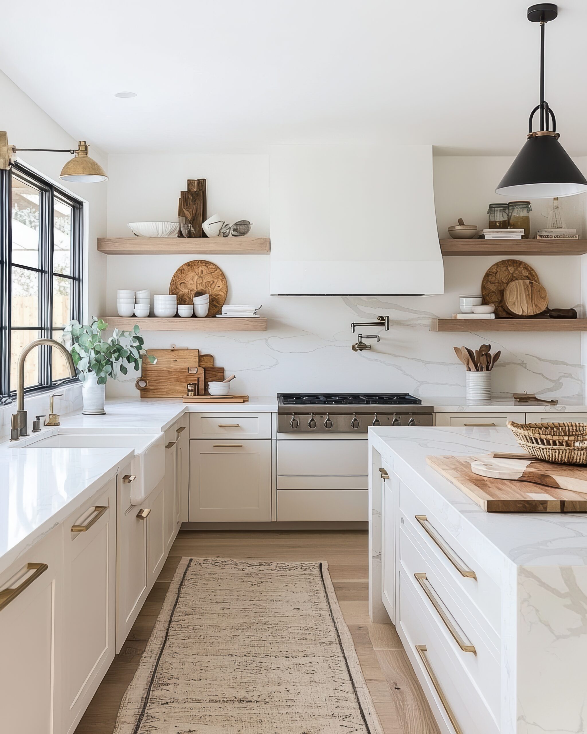 Cuisine moderne et minimaliste dans les teintes naturelles de blanc et beige avec accents de bois naturel