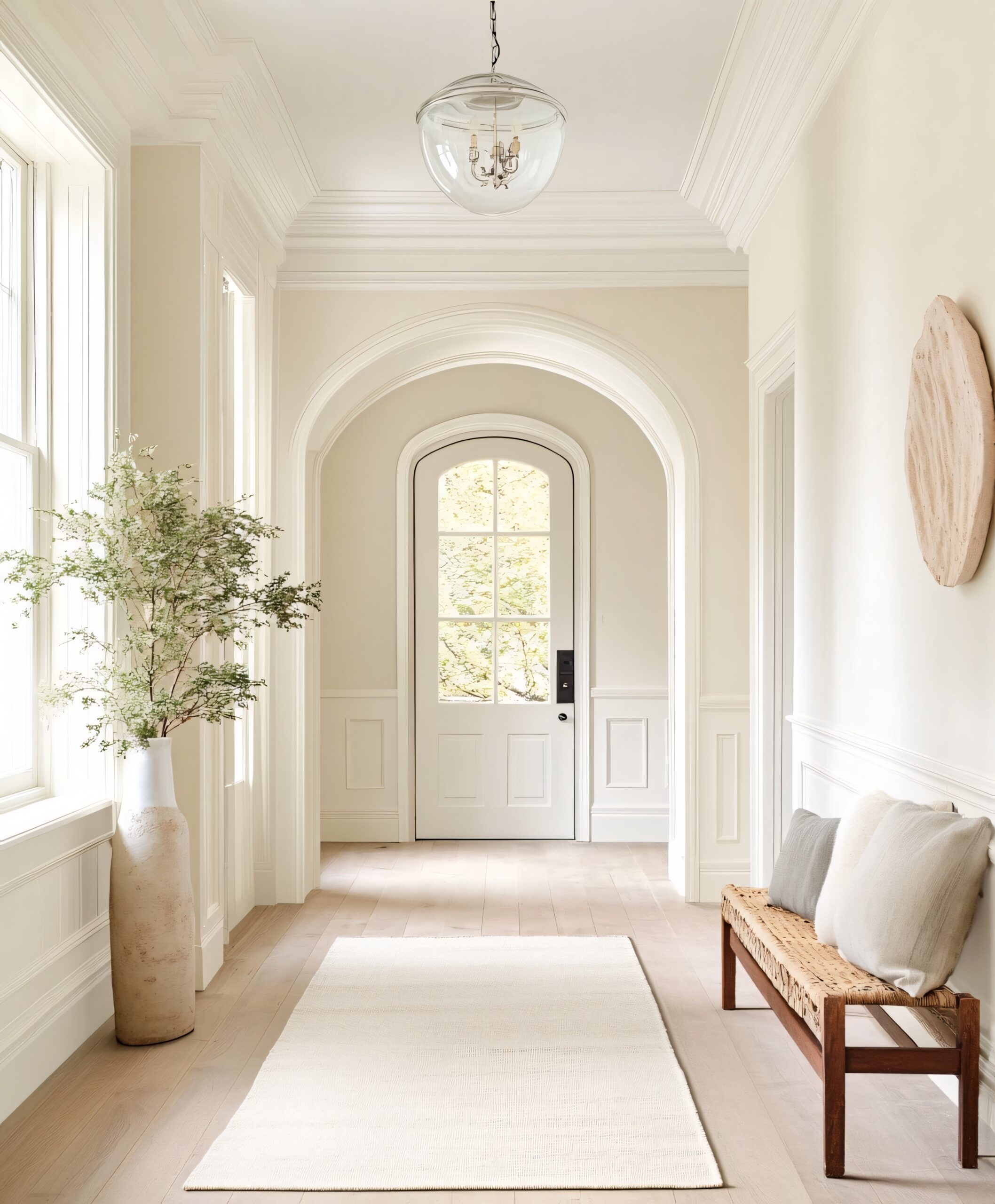 Entrée de maison champêtre avec porte en arche dans les teintes de beige